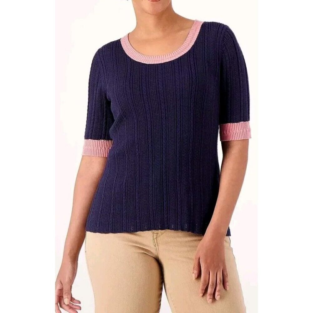 Isaac Mizrahi Live! Ribbed Pointelle Scoop Neck Sweater Dark Navy, Medium